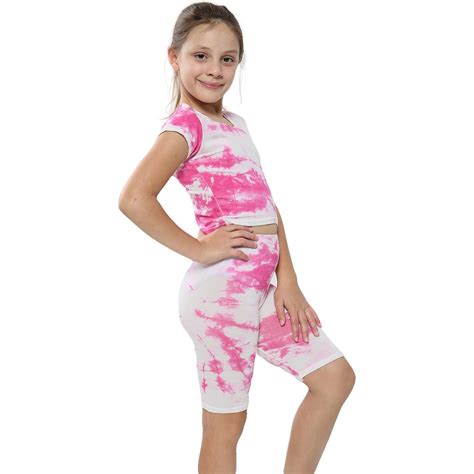 Kids Girls Crop Top And Shorts Floral Tie Dye Leopard Unicorn Summer