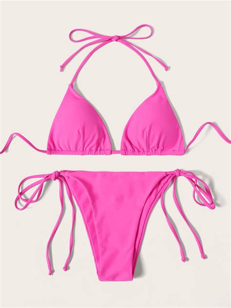 Neon Pink Triangle Top With Tie Side Tanga Bikini Set Shein Uk