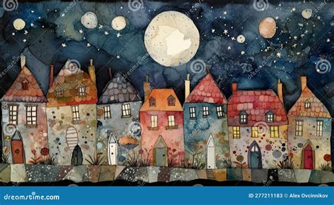 Moonlit Home A Watercolor Collage For Invitations And Posters Stock