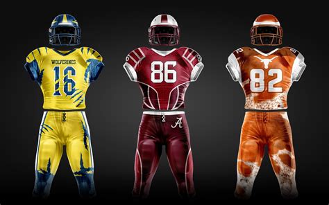 Three Different Colored Football Uniforms With Numbers On The Front And