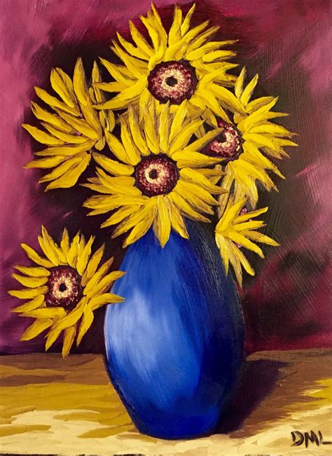 Sunflowers In Blue Vase 12 X 16 Inch Oil Painting Painting Sunflower