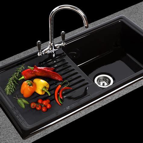 Reginox Single Bowl Ceramic Kitchen Sink And Drainer Black With Brushed