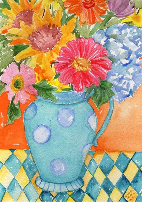 Flowers Watercolor Painting Original Blue And White Pitcher X