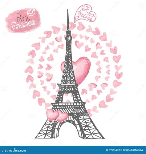 Love In Pariseiffel Towerwatercolor Hearts Stock Vector Image 49916892