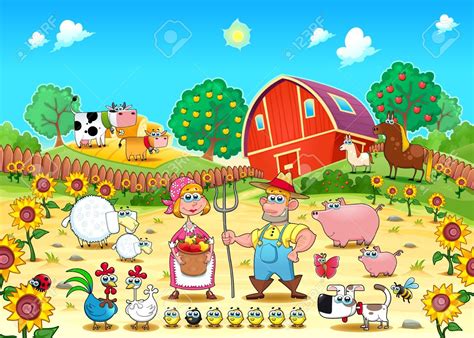 Funny Farm Scene With Animals And Farmers Cartoon And Vector