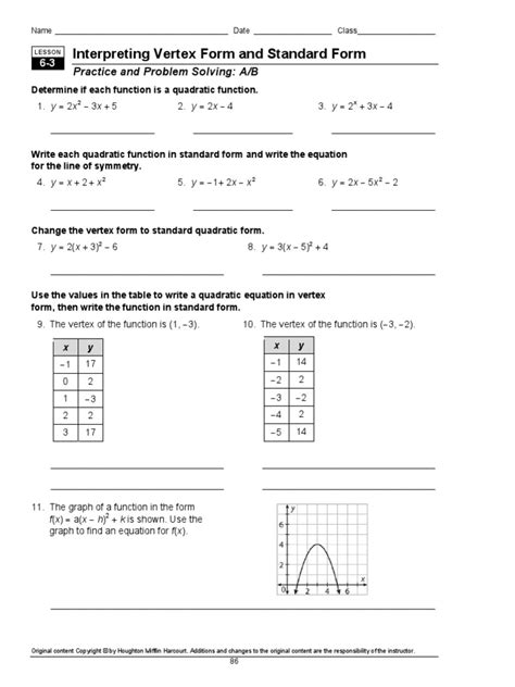 6 3 Interpreting Vertex Form And Standard Form