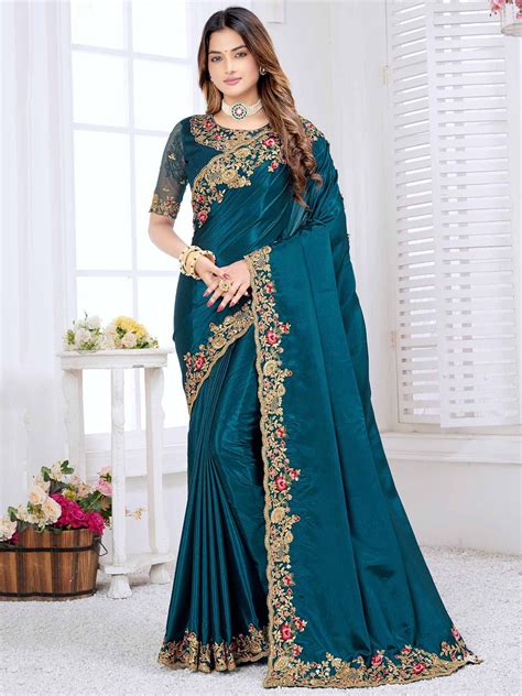 Rama Green Colour Silk Designer Saree