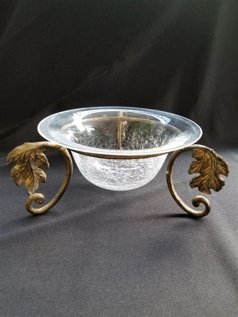 Crackle Glass Bowl Vase Candle Holder Metal Stand Etsy