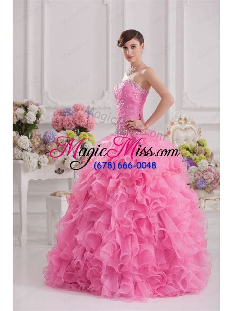 Ball Gown Sweetheart Organza Beading Ruffles Rose Pink Quinceanera