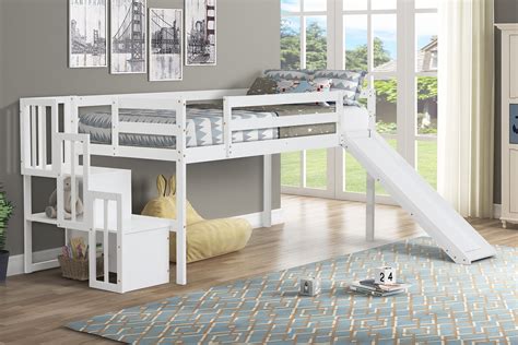 Veryke Wood Loft Bed With Slide And Storage Stairs Twin Size White