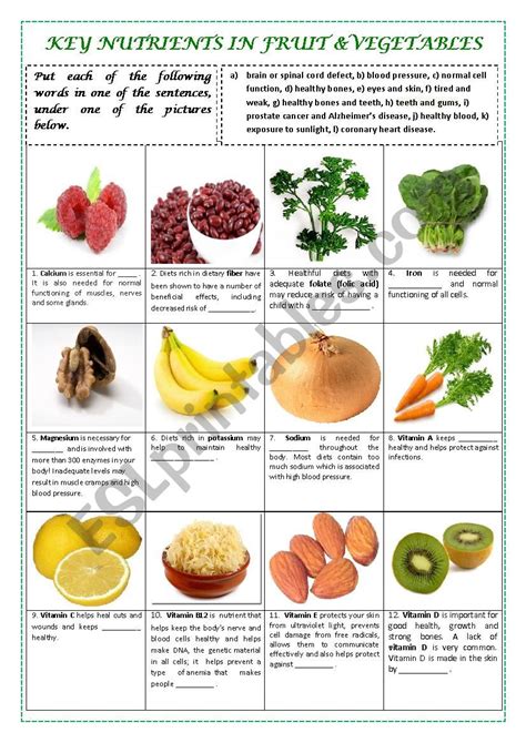 Key Nutrients In Fruit And Vegetables With Key Esl Worksheet By Alexcure