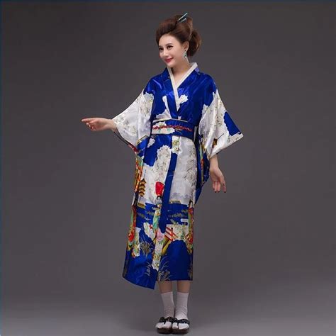 blue japanese traditional woman silk kimono sexy yukata gown with obi evening dress performance