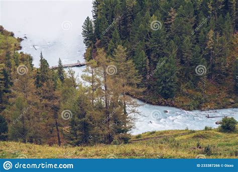 Beautiful Mountain Flowing River Amongst Forest And Mountains Blue