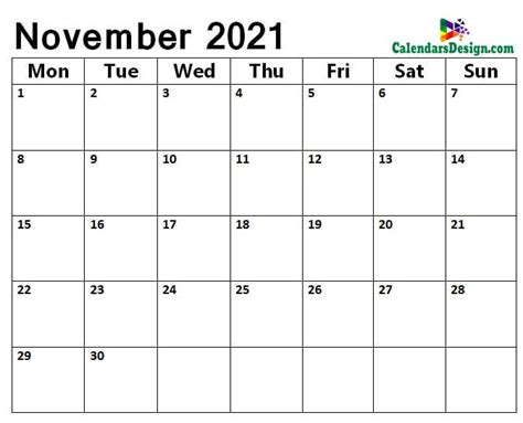 Blank November 2021 Calendar Notes With Large Space