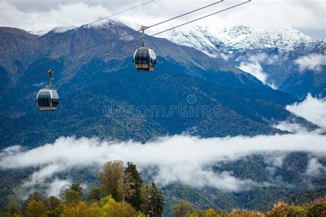 Scenic Cable Car Flying Over The Colorful Autumn Mountains Of Sochi