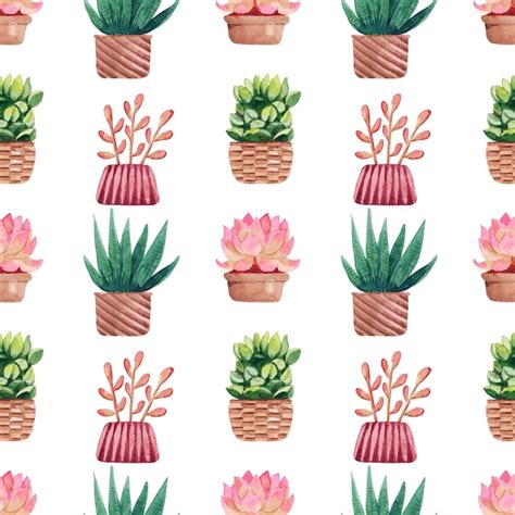 Premium Photo Watercolor Seamless Pattern With Cacti In Pots