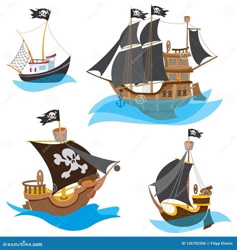 A Set Of Illustrations Depicting Various Types Of Ships Pirate Frigate