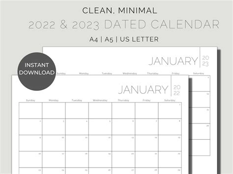 2022 2023 Monthly Calendars Clean And Minimal Digital Or Printable Pdf