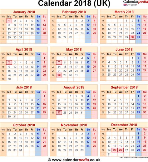 Calendar 2018 Uk With Bank Holidays And Excelpdfword Templates