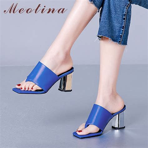 Meotina Women Genuine Leather Shoes Flip Flop Summer Slippers Thick