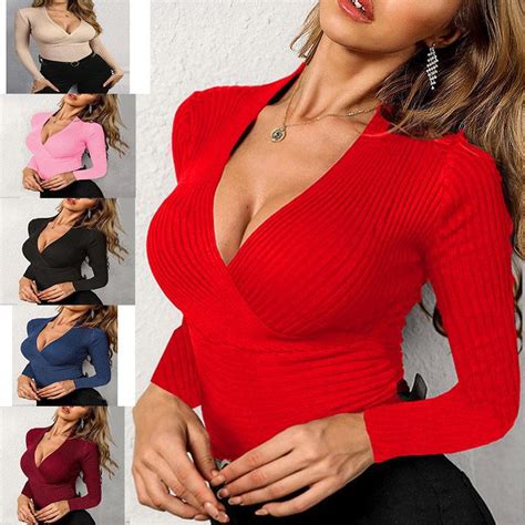 Autumn Sexy Knitted Top Pullover V Neck Slim Fit Solid Color Tight Casual Long Sleeve Short