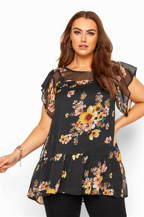 Black Floral Frill Chiffon Blouse Yours Clothing