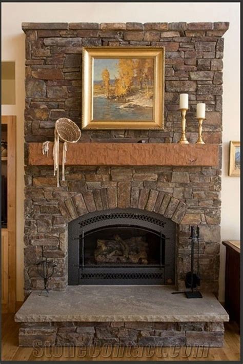 Rustic Stone Fireplace With Brown Mantel Shelf And Grey