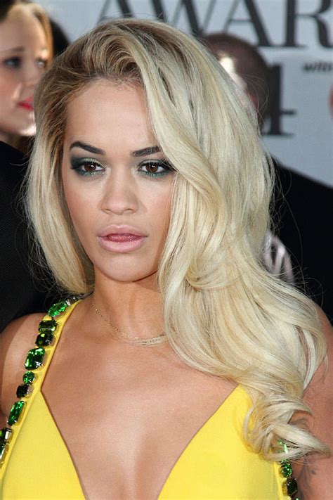 Rita Ora Wavy Golden Blonde Side Part Hairstyle Steal