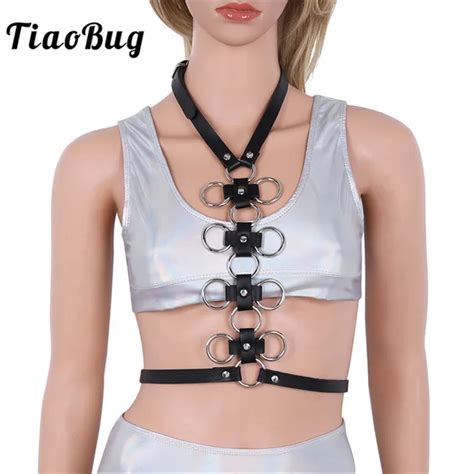 tiaobug fashion women punk faux leather gothic rave halter chest harness harajuku bondage waist
