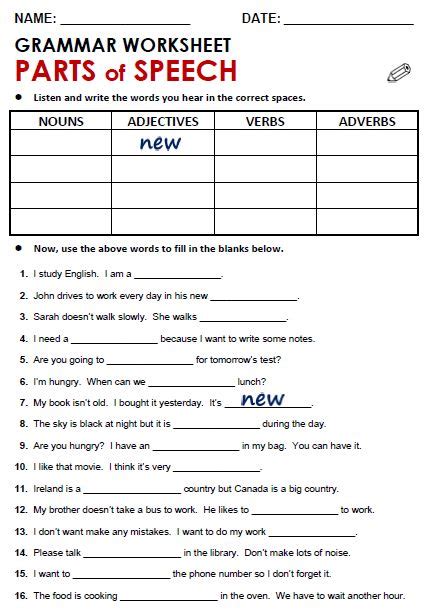 Free Printable Worksheets On Parts Of Speech Grade 4
