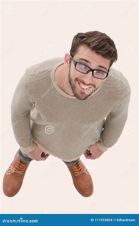 View From Above Serious Young Man Looking At Camera Stock Photo