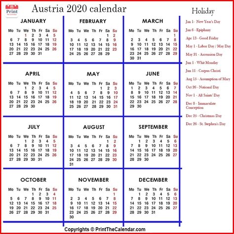 Austria Calendar 2020 With Austria Public Holidays