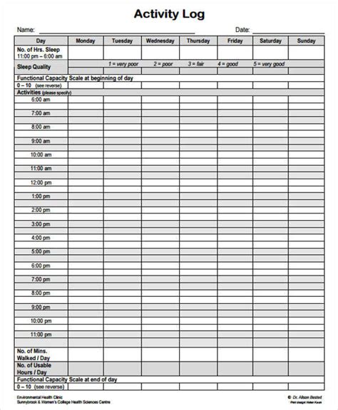 Printable Daily Activity Sheet