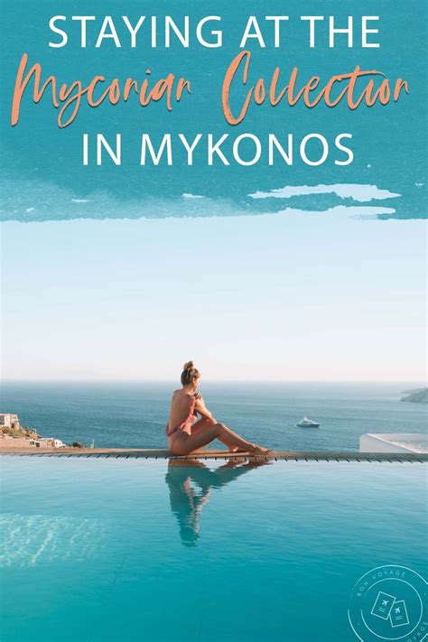 a woman sitting on the edge of a swimming pool with text saying staying at the mykonian