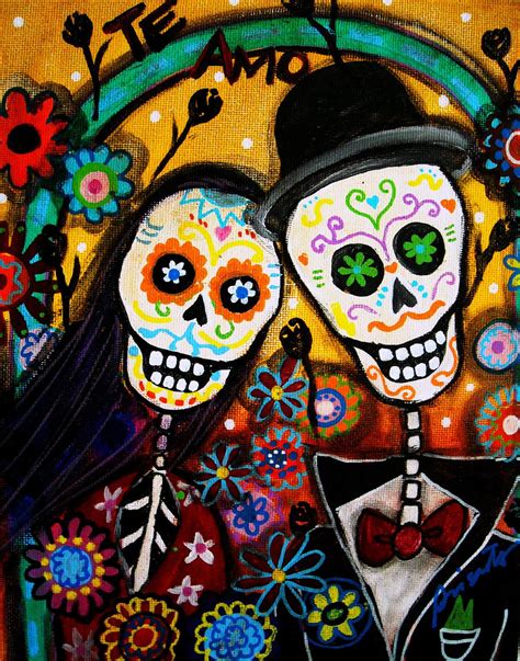 Mexican Folk Art Day Of The Dead Wedding Painting Print Whimsical