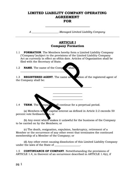 Sample Limited Liability Company Operating Agreement Template Printable