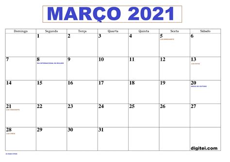 CalendÁrio MarÇo 2021 Feriados Luas E Algumas Datas Comemorativas