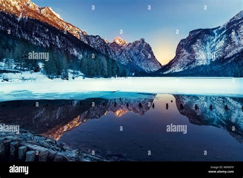 Dobbiaco Lake In The Dolomites Beautiful Nature Natural Winter