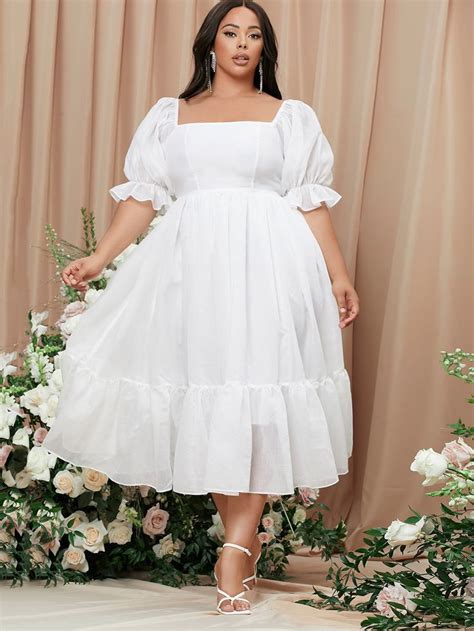 Plus Square Neck Puff Sleeve Milkmaid Dress White Plus Size Dresses