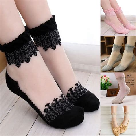 Women Lace Ruffle Ankle Sock Soft Sheer Silk Cotton Sock Elastic Mesh
