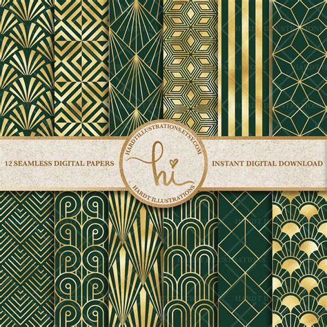 Emerald And Gold Foil Art Deco Digital Paper Geometric Design Etsy