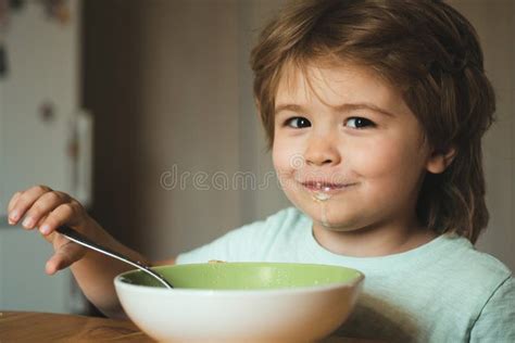 Funny Little Baby Are Eating Happy Baby Boy Eats Healthy Food Spoon