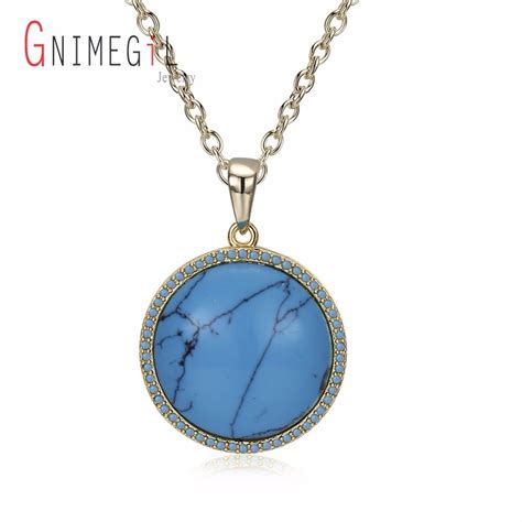 Gnimegil Brand Jewelry Fashion Blue Color Natural Gem Stone Turquoises Pendants Necklace Round