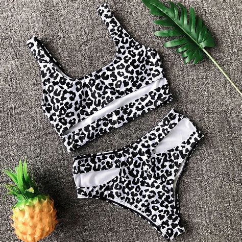 Hollow Out Leopard Print Women Sexy Bikini Sets High Waist Bandage
