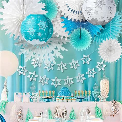 12pcsset Snowflake Birthday Party Decoration Blue White Snow Happy