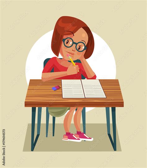 Little Girl Character Doing Homework Vector Flat Cartoon Illustration