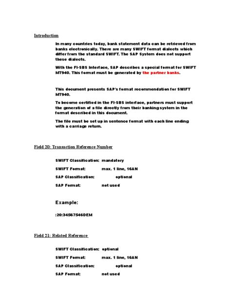 Saps Recommended Format For Swift Mt940 Bank Statement Files Pdf