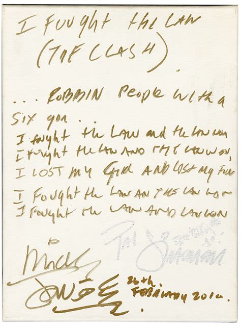 Lot Detail The Clash Signed Handwritten Lyrics Of “i Fought The Law” On Canvas