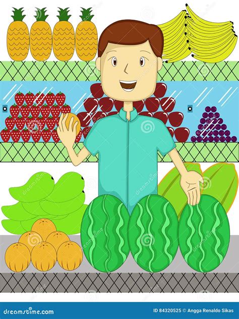 Fruit Seller With Many Kind Of Fruits Cartoon Stock Vector