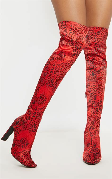 Red Leopard Satin Thigh High Boot Shoes Prettylittlething